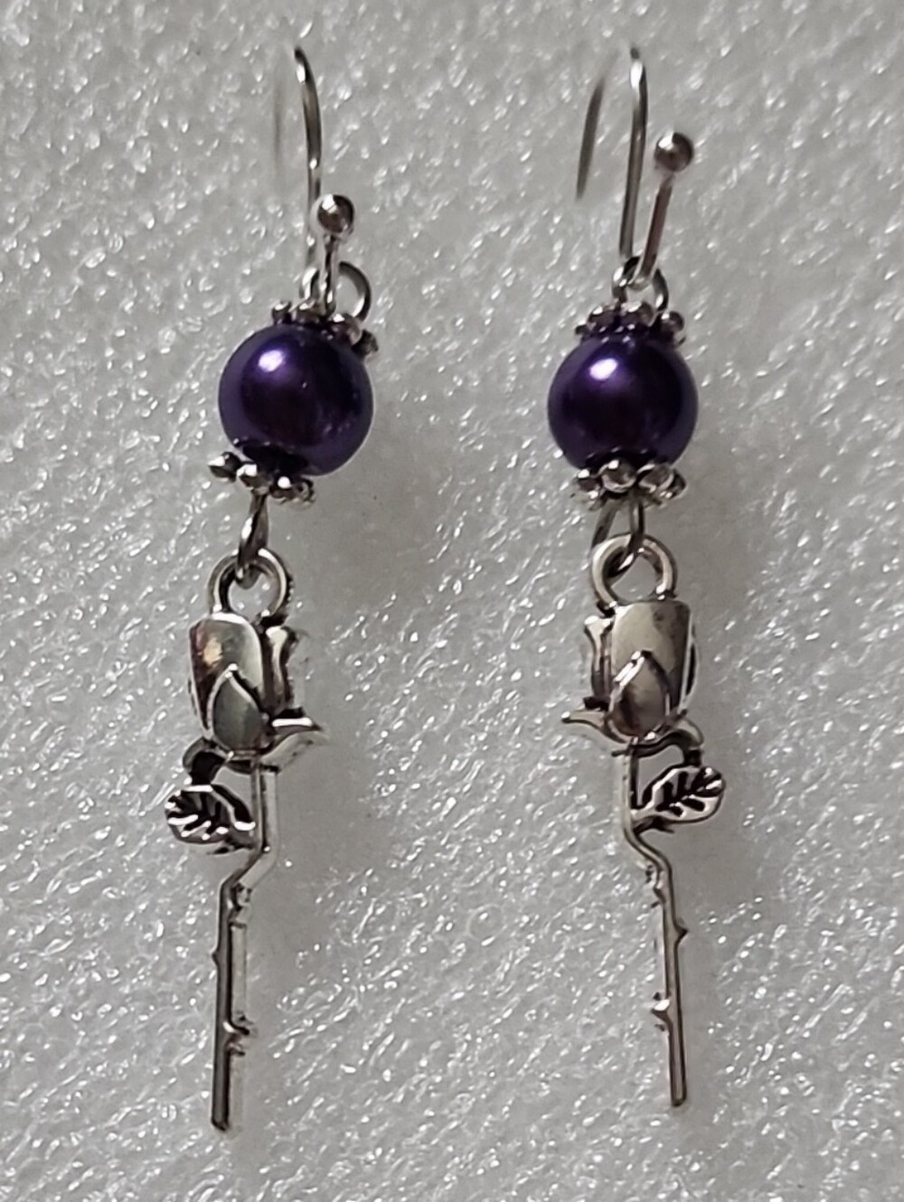 Hand Crafted Purple Pearl Rose Drop Earrings